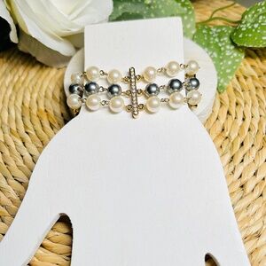 Nancy Nelson Gray and White Faux Pearl Crystal Bracelet Triple Strand